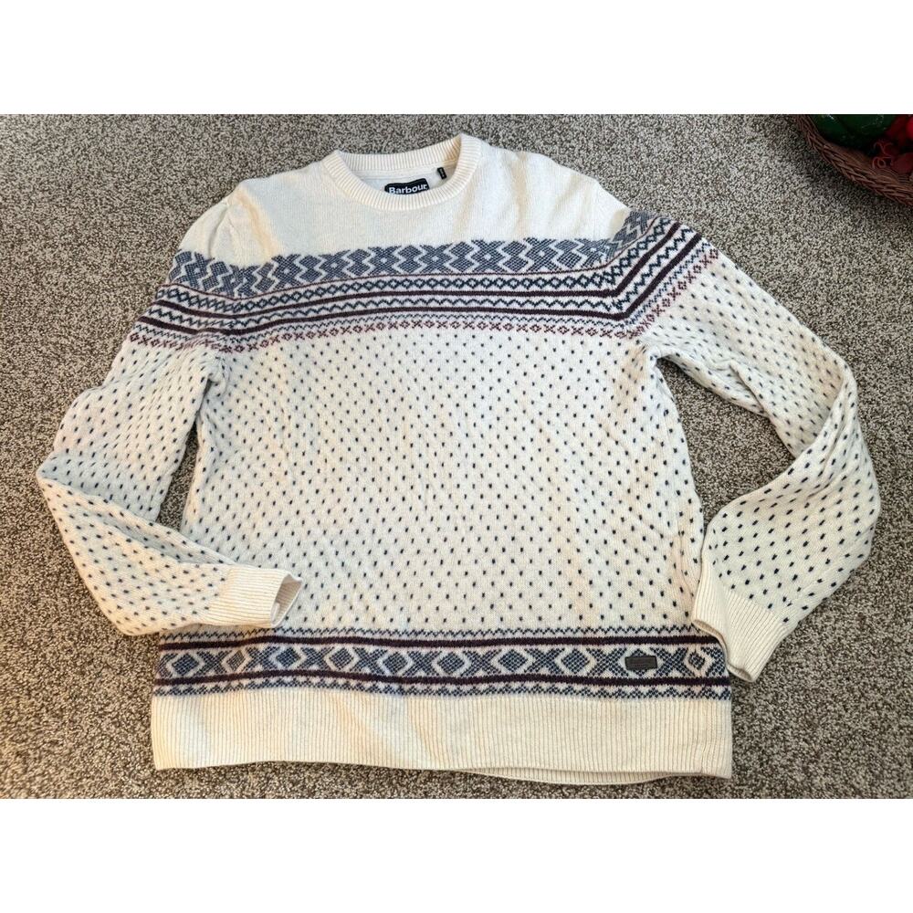 Barbour Mens Large Fits Like XL 100% Wool Sweater Fair Isle Blue White See Descr - Picture 11 of 14